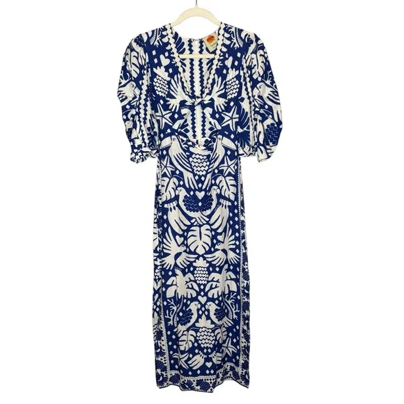 mac duggal blue strapless brocade midi dress with pockets Blue Strapless Brocade A-Line Midi Dress With Pockets